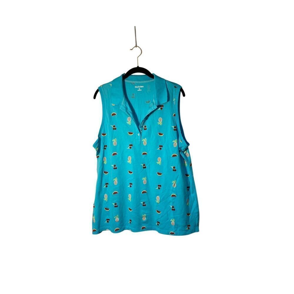 Kim Rogers, women’s sleeveless blue, mixed fruit, print tank top, XL